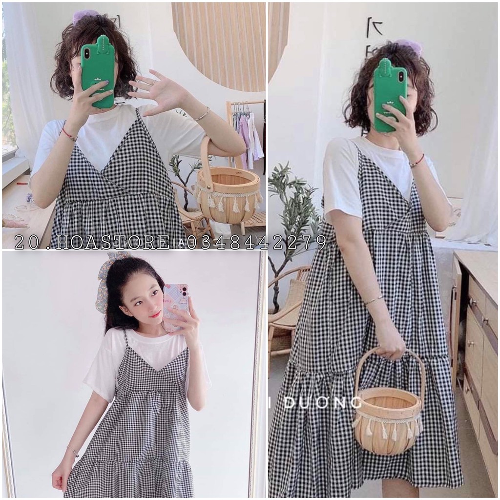 (mới) SET ÁO THUN MIX VÁY YẾM KẺ CARO - SET YẾM VÁY CARO 3 TẦNG CỔ V - VÁY YẾM MAXI 2 DÂY KẺ ĐEN TRẮNG