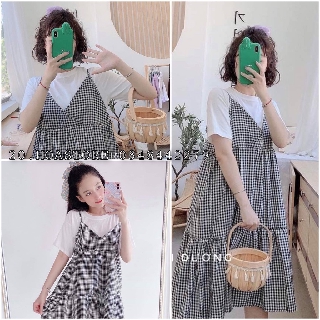 SET ÁO THUN MIX VÁY YẾM KẺ CARO - SET YẾM VÁY CARO 3 TẦNG CỔ V - VÁY YẾM MAXI 2 DÂY KẺ ĐEN TRẮNG
