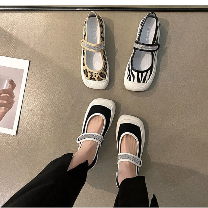 Giày đơn nữ đế bệt mũi vuông mới mùa hè 2021 tất cả- diêm dúa Velcro Leopard print đậu Hà Lan nhẹ nhàng