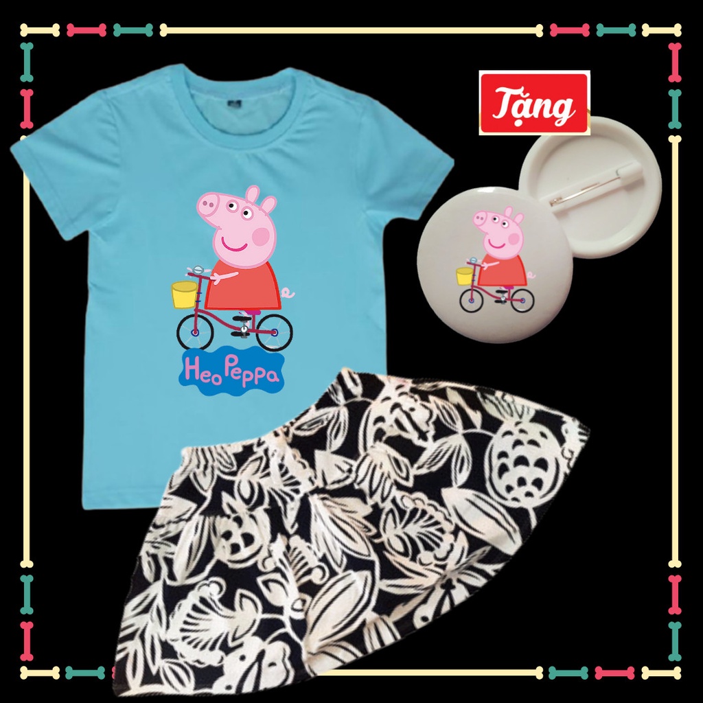 Set Quần Váy Cotton+Áo Thun Heo Peppa Bé Gái dễ thương-Tặng Huy Hiệu Peppa Pig