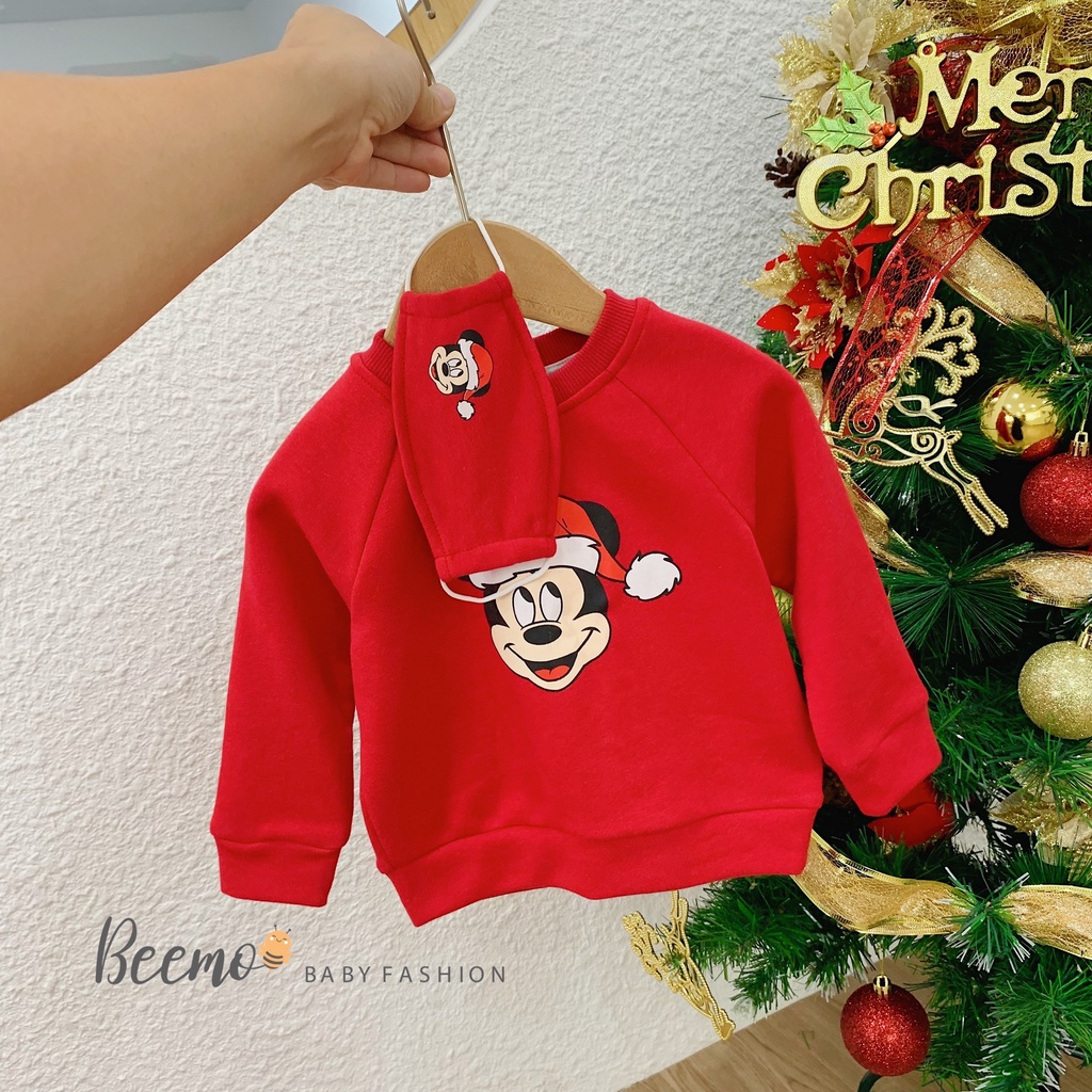 Áo Noel nỉ da cá Beemo dài tay tặng kèm khẩu trang cao cấp, áo nỉ da cá hoạ tiết Mickey Noel cho bé trai/bé gái