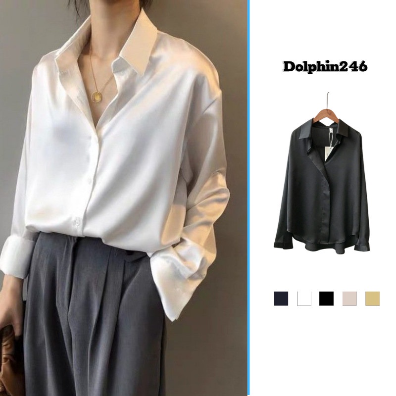 Áo sơ mi lụa nữ trơn satin kiểu công sở Hàn Quốc dài tay thụng bigsize Quảng Châu cao cấp M-2