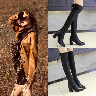 Giày boot đế vuông da ngang gối màu đen GBC-04BD