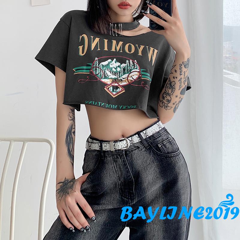 Áo Thun Lửng Ngắn Tay In Chữ Thời Trang Cho Nữ