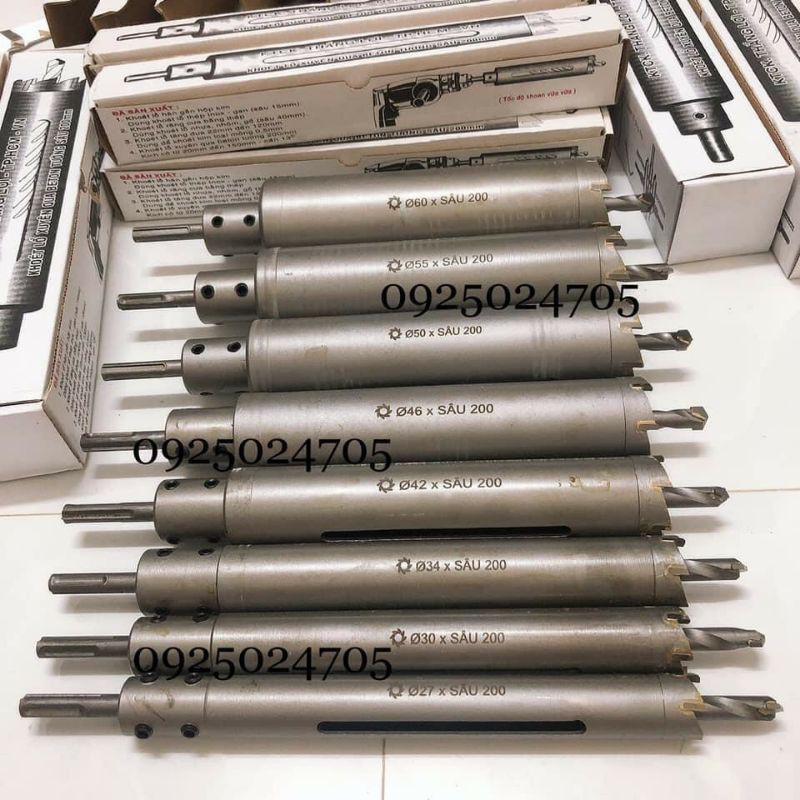 Mũi Khoan Rút Lõi Khoét Lỗ Xuyên Tường 27, 30, 34, 42, 46, 50, 55, 60mm Dài 200mm Thắng Lợi