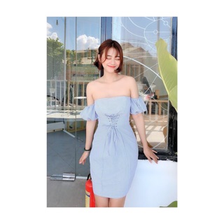 Đầm trễ vai đan dây eo rút bụng form A
