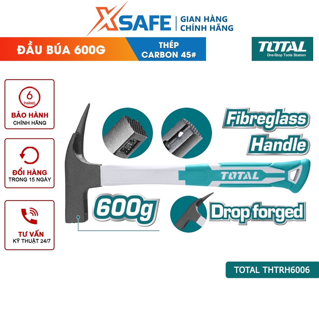 Búa lợp mái TOTAL THTRH6006 Búa cầm tay trọng lượng 600g, đầu búa rèn nguyên khối, chịu nhiệt, thép carbon 45#