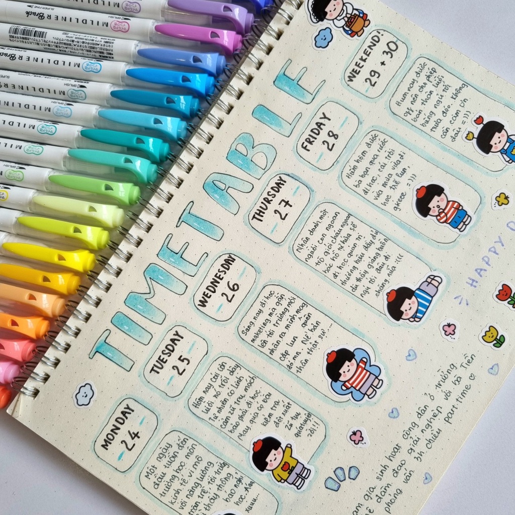 Bút Brush 2 đầu Zebra Mildliner viết calligraphy màu pastel bullet journal hàng chính hãng Nhật Bản