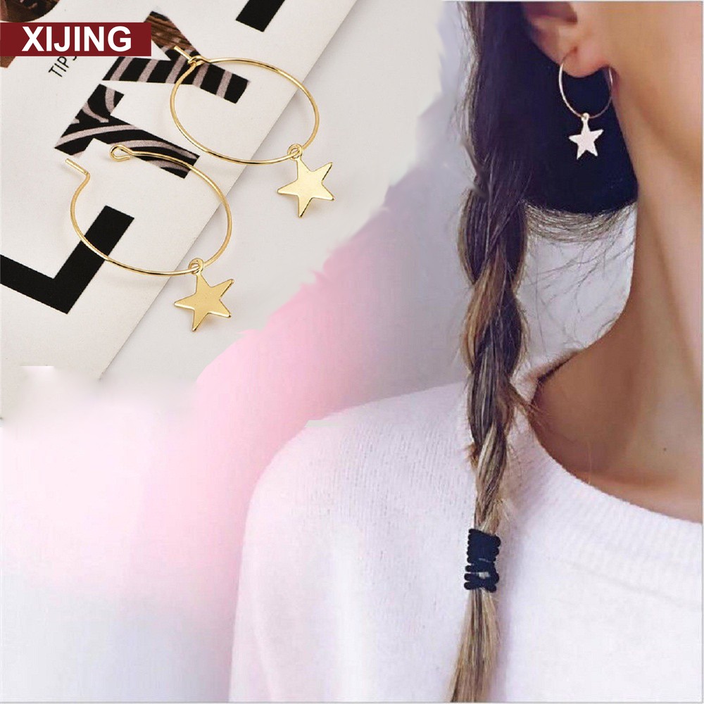 Khuyên tai hình vòng tròn ngôi sao mạ vàng đơn giản thời trang
