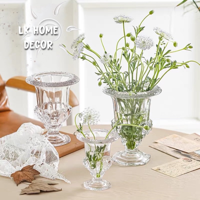 Lọ hoa thủy tinh dạng ly đế phong cách Bắc Âu retro, vintage cắm hoa trang trí phòng khách sang trọng