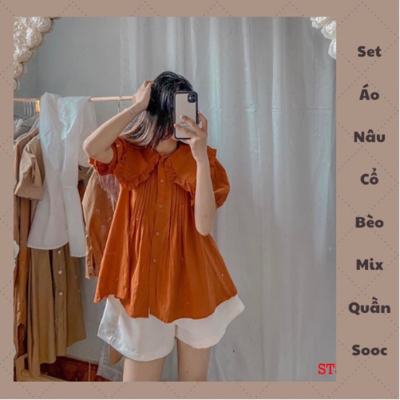 Set Áo Cổ Bèo Nâu Cam Phối Quần Sooc Trắng