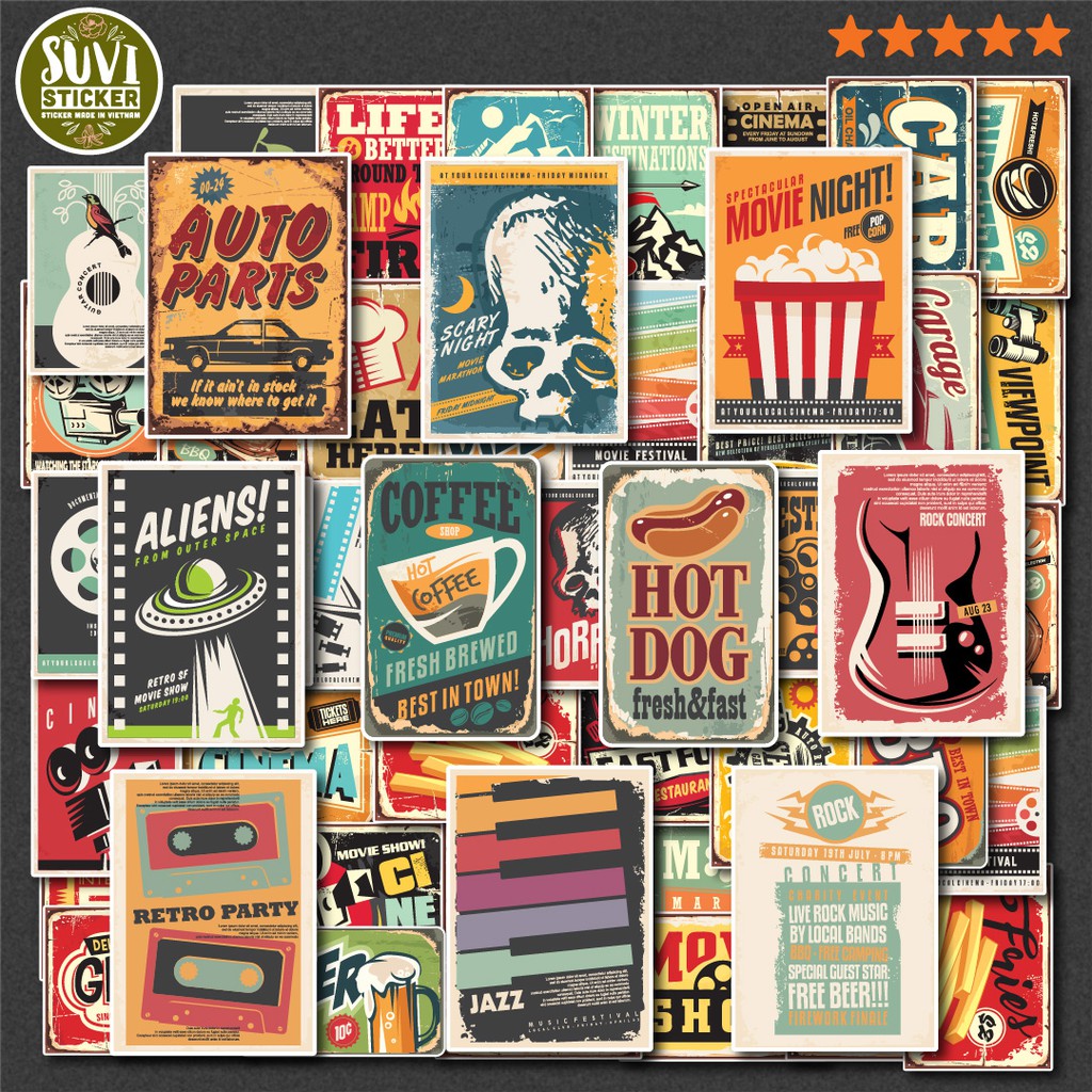 50 Sticker Vintage chống nước sticker dán mũ bảo hiểm, laptop, điện thoại, đàn guitar, vali. MSP: NS29