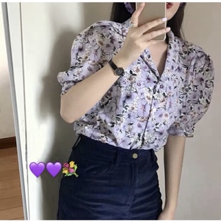 Áo kiểu vintage hoa tím tay bồng (hình thật)