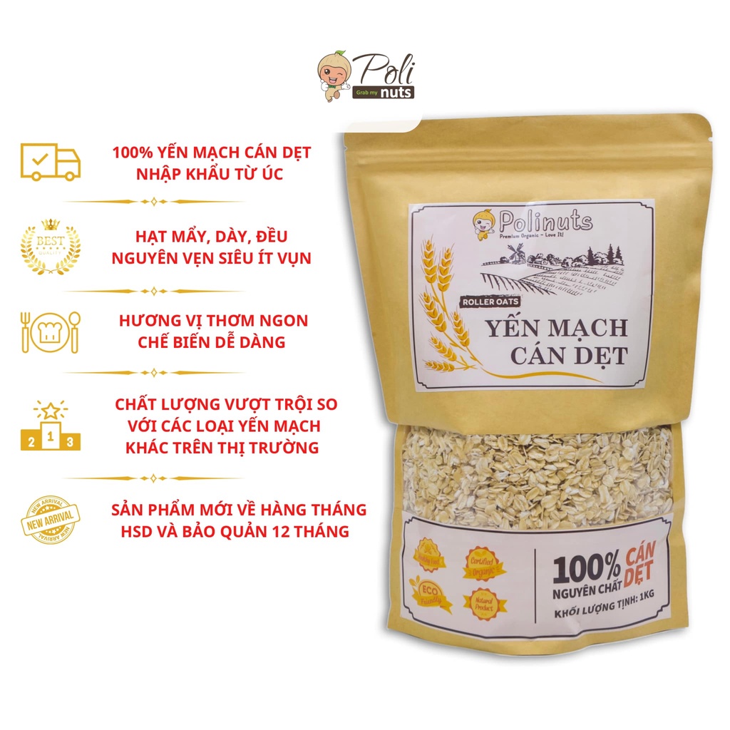 Yến Mạch Giảm Cân Cán Dẹt Tươi Nguyên Cám Nguyên Chất Nhập Khẩu Úc Túi 1Kg Polinuts