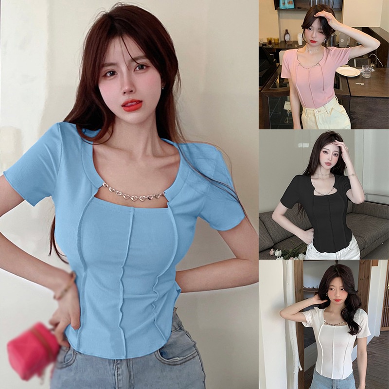 Áo Thun Tay Ngắn Dáng Ôm Màu Trơn Cổ Vuông Kiểu Hàn Quốc Thời Trang Mùa Hè Cho Nữ