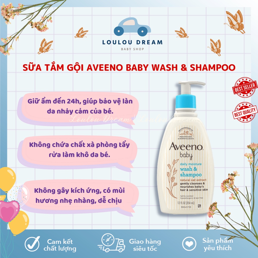 Sữa tắm gội toàn thân cho bé AVEENO Baby Wash &amp; Shampoo 354ml chiết xuất yến mạch tự nhiên [CHÍNH HÃNG US]