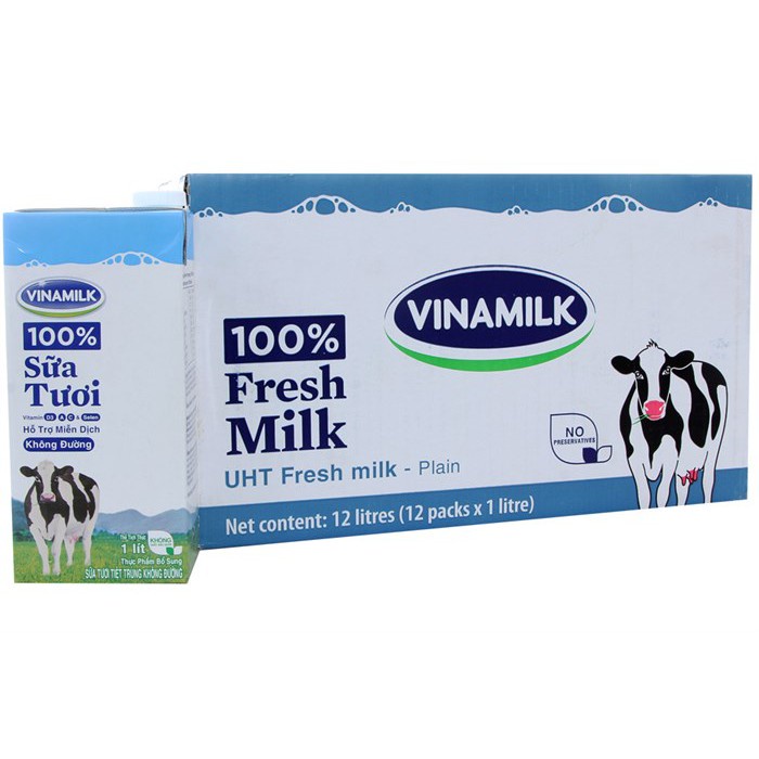 Thùng Sữa Tươi VINAMILK 1 Lít Vị Đường, Không Đường (12 hộp)