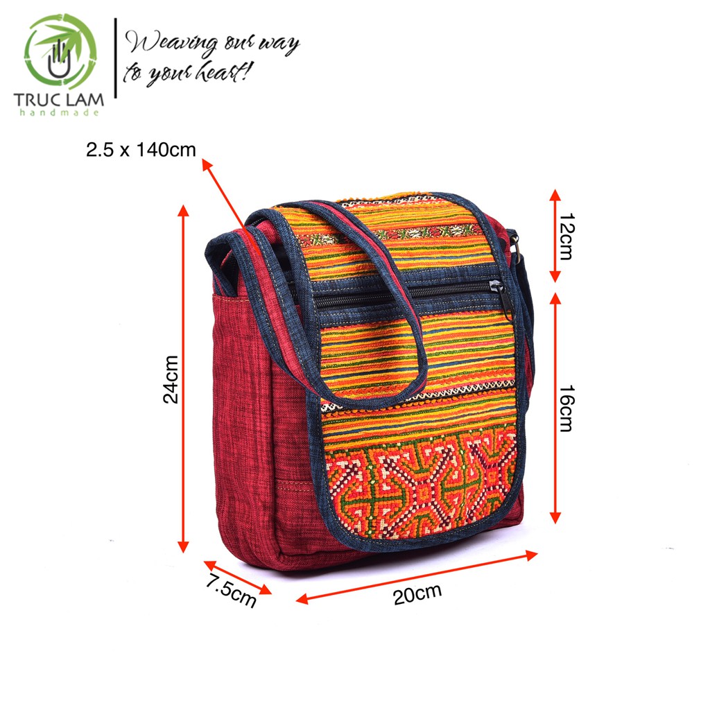 Túi Đeo Chéo Thời Trang Vải Gai Dày Phối Vải Thổ Cẩm Thêu Tay - Trúc Lâm Handmade