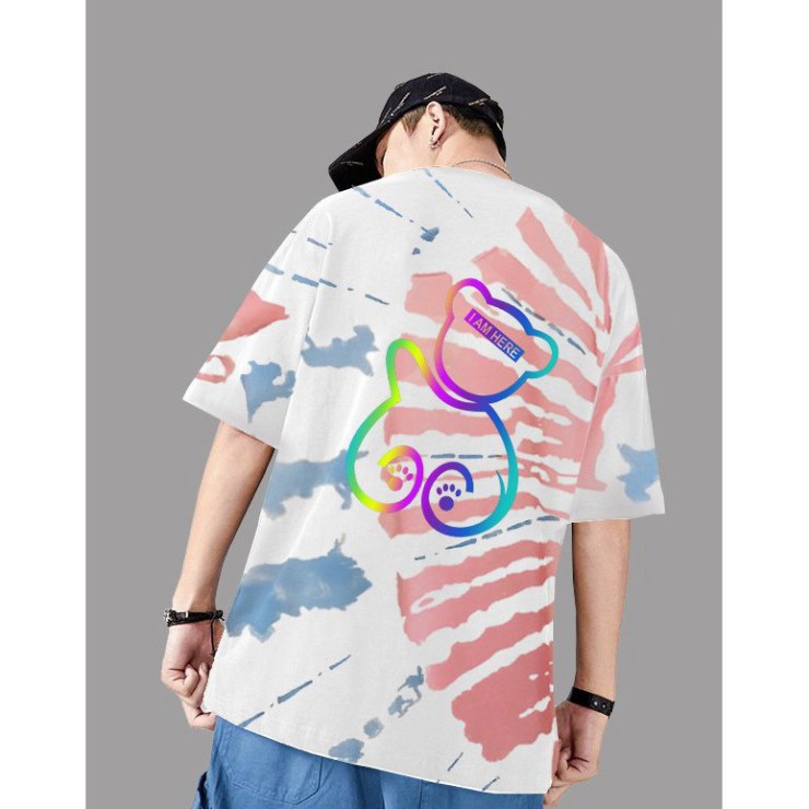 Áo thun loang in phản quang 7 màu hình gấu chất cotton xịn ,from rộng unisex cổ tròn