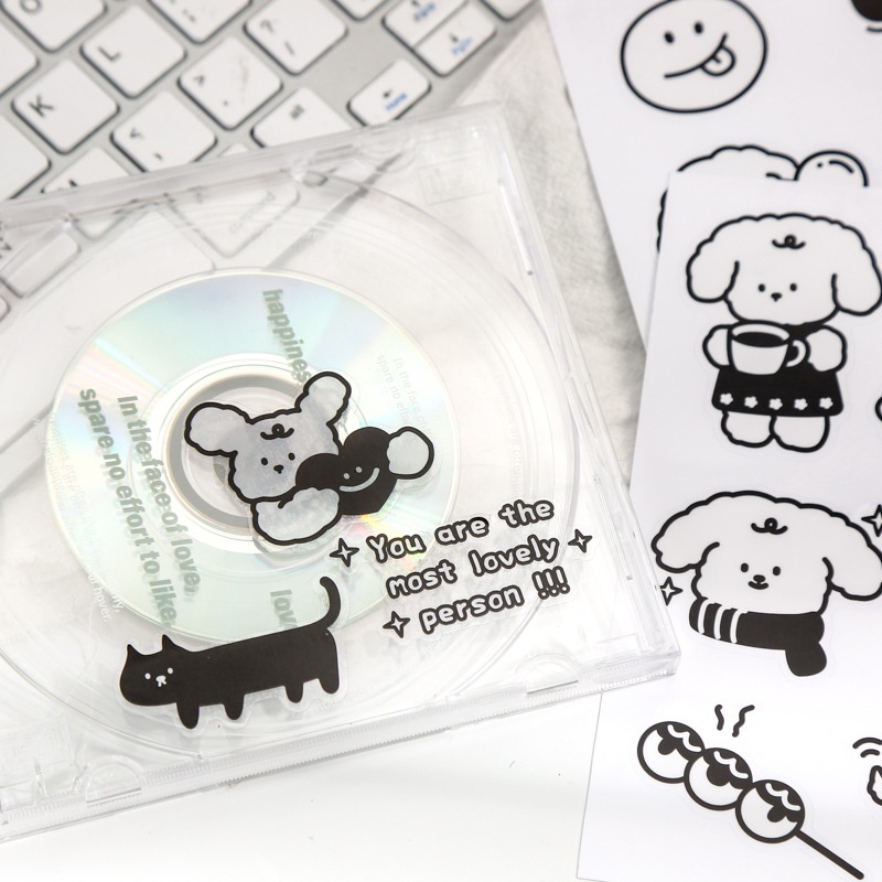 Set 4 sticker trắng đen hình thỏ gấu cún ngộ nghĩnh cute bằng nhựa PET không thấm nước trang trí sổ tay, bình nước, DIY