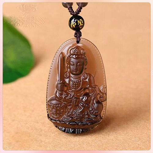 Vòng Cổ Phật Bản Mệnh Đá Phong Thủy Màu Đen Trong - Mặt Văn Thù Bồ Tát Hợp Tuổi Mão