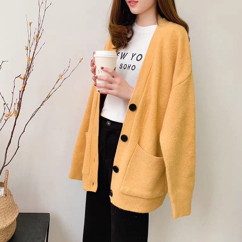 Áo khoác cardigan dệt kim dáng rộng cổ tim dài tay trơn màu xinh xắn thời trang Hàn Quốc thời thượng dành cho nữ