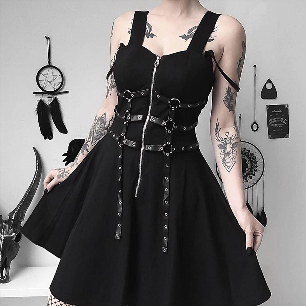 Đầm đen khóa kéo phong cách Gothic
