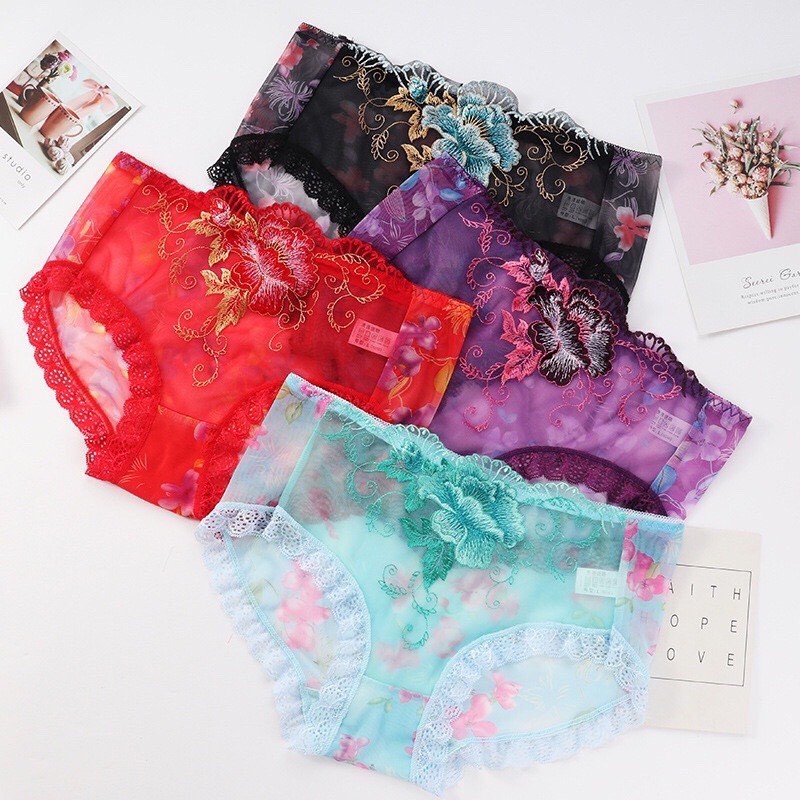 Quần lót ren thêu Hoa hồng Đáy 2 lớp kháng khuẩn co giãn 4 chiều