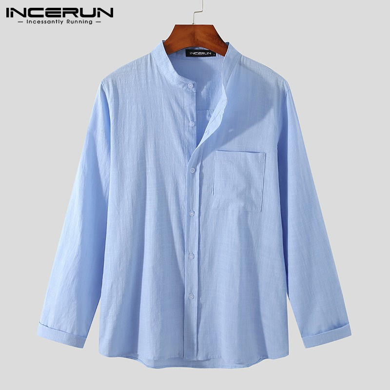 Áo sơ mi INCERUN cotton dài tay cổ đứng phối nút đơn giản thời trang dành cho nam
