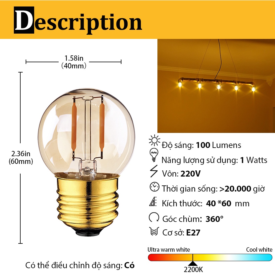 Bóng Đèn Dây Tóc G40 1W 2W 3W 1W 10W Đế Đèn Led E27 Ánh Sáng Vàng