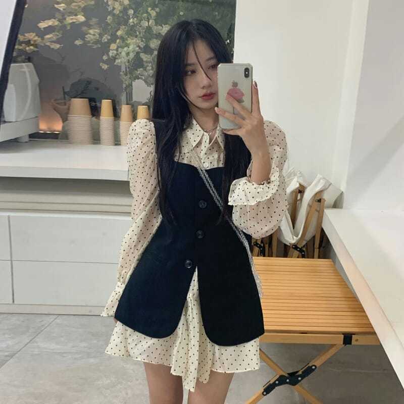 Áo Khoác Ghi Lê Giả Nhiều Lớp Màu Đen Thời Trang Xuân Thu Cho Nữ