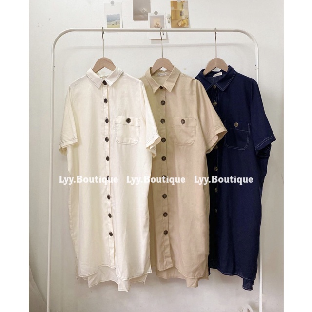Váy sơ mi dáng ULZZANG đuôi tôm suông tay cộc chất đũi linen, Đầm sơmi viền chỉ nổi oversize LYY BOUTIQUE