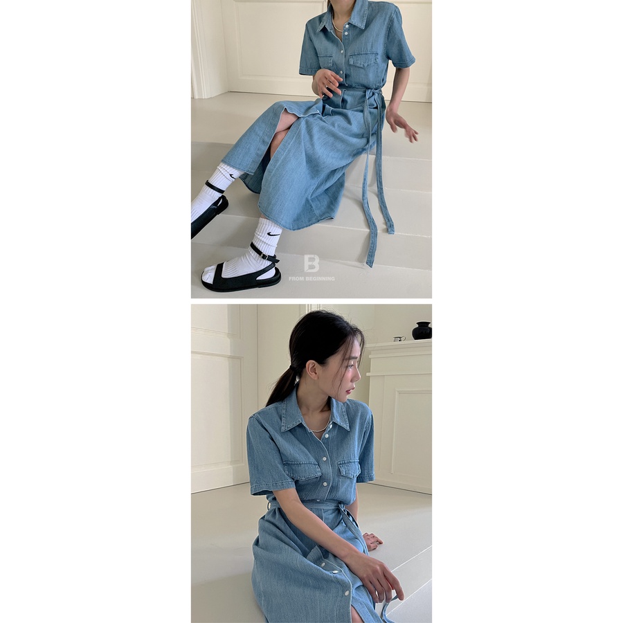 Đầm sơ mi demin dáng dài kèm belt