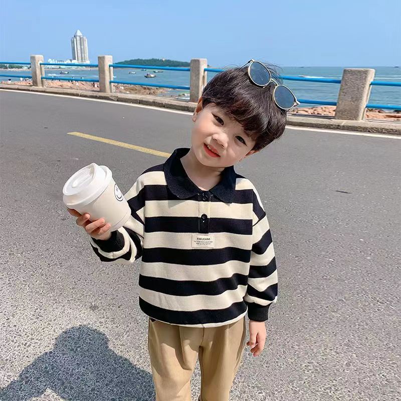 Áo Thun Polo Họa Tiết Kẻ Sọc Trắng Đen Phong Cách Hàn Quốc Thời Trang Mùa Thu 2022 Cho Bé Trai
