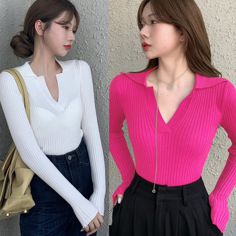 Áo dệt kim tay dài màu sắc thanh lịch