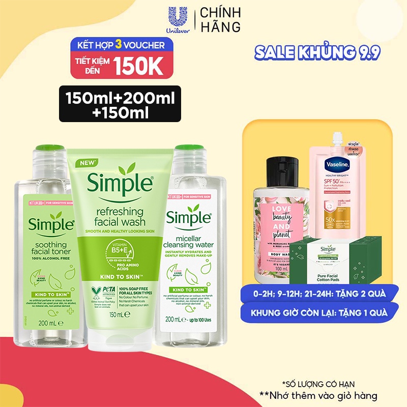 Combo Simple Tẩy trang 200ml + Sữa rửa mặt 150ml + Nước hoa hồng 200ml cho da sạch khỏe đàn hồi [CHÍNH HÃNG ĐỘC QUYỀN]