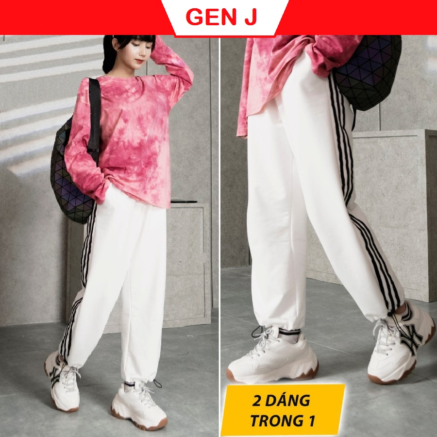 Quần jogger nữ Ống rộng phối kẻ 3 sọc Có dây rút 2 bên trẻ trung năng động kiểu dáng thể thao GEN J