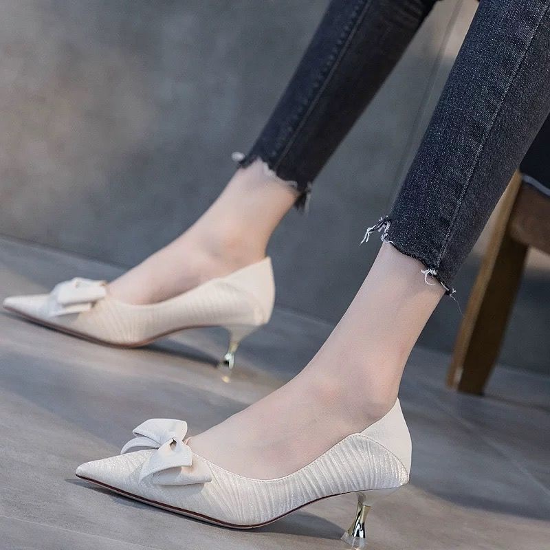 Giày cao gót nữ đính nơ thanh lịch thời trang 2021