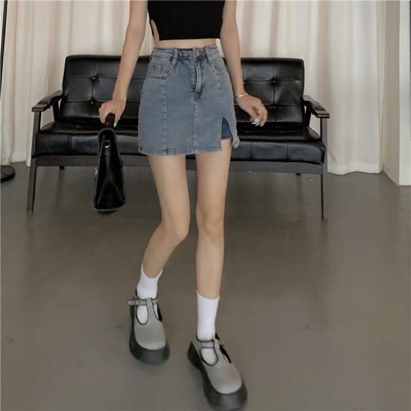 (THANH LÍ) Chân váy jeans xẻ chất dày dặn form bé