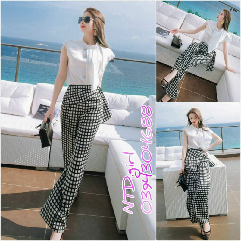 Hàng nhập - Set bộ nữ ống rộng caro, bộ quần áo kiểu tay con du lịch dạo phố đều đẹp