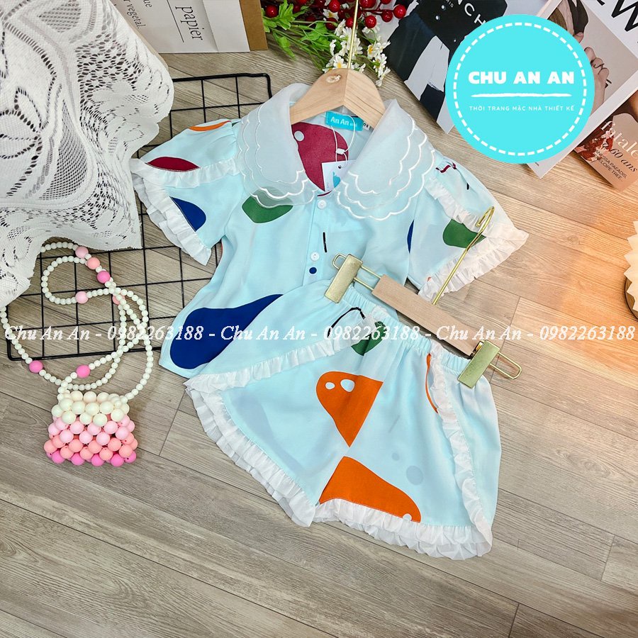 Set Pijama Lụa Mango Phối Cổ Ba Lá Hàng Thiết Kế Cao Cấp Tay Cộc .Bộ Ngủ Lụa Bé Gái Cao Cấp