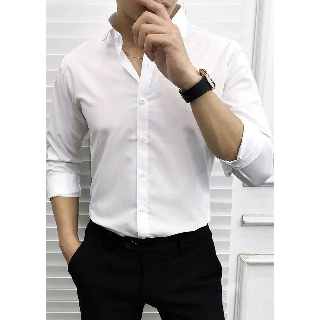 Áo Sơ mi kiểu ORENO ,Somi Trắng Cúc Trắng CAM KẾT ĐẸP 100% không nhăn Sơ mi nam trơn trắng dáng ôm Body Hàn quốc