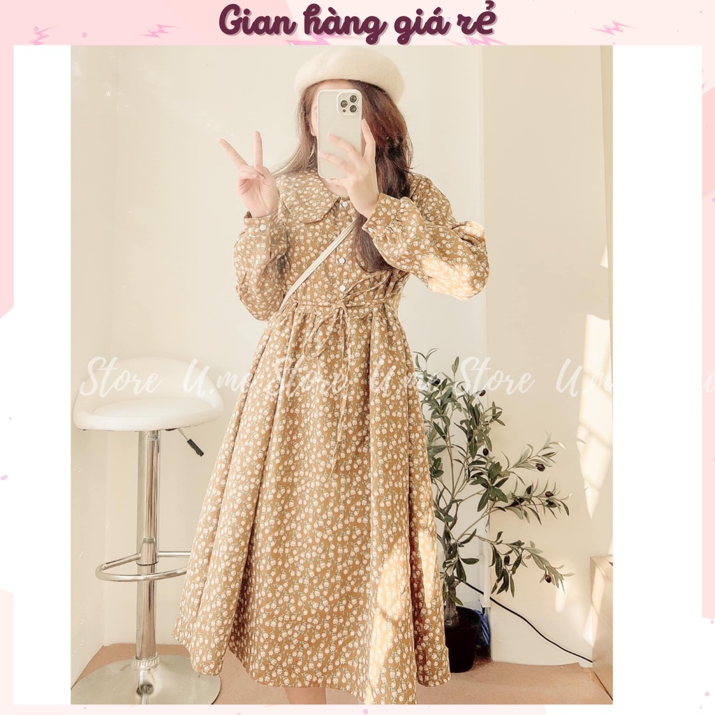 Đầm Váy Babydoll hoa nhí dáng dài nhung lì vintage phong cách Hàn Quốc Váy hoa nhí nàng thơ