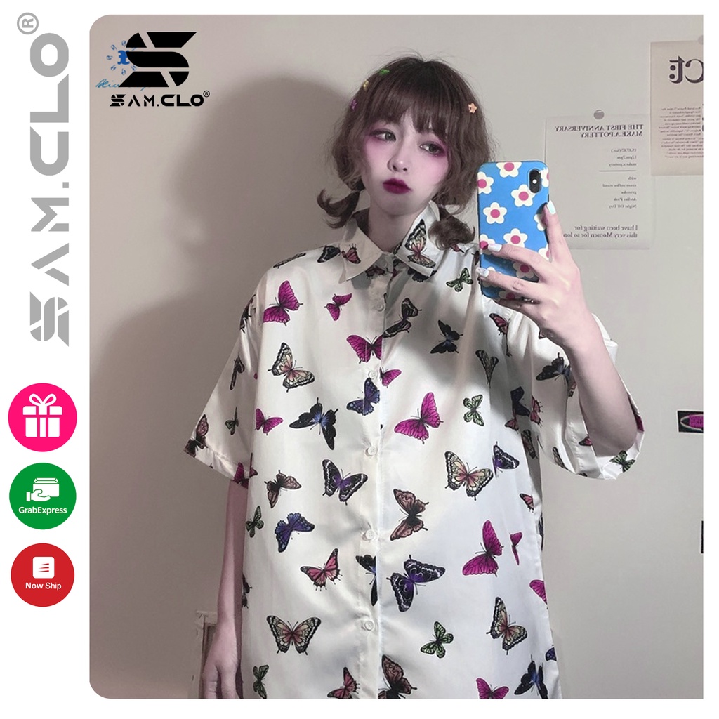 Áo SƠ MI NỮ form rộng in 3D cổ bẻ tay ngắn - lỡ dáng ulzzang freesize unisex mặc cặp, nhóm, in hình ĐÀN BƯỚM