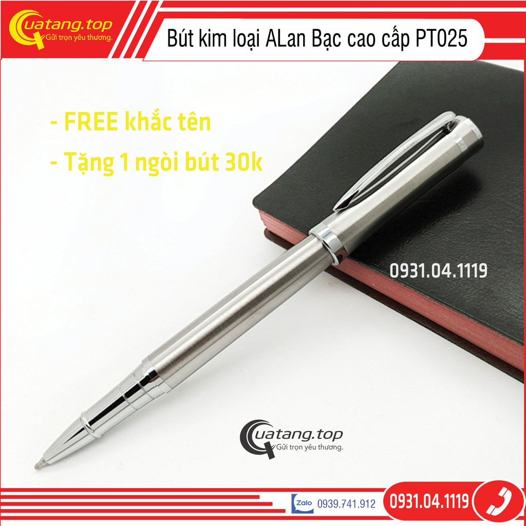 Bút ký tên cao cấp ALan nắp bật PT025 kim loại bạc, ngòi 0.5mm, mực gel màu xanh | Có dịch vụ khắc tên theo yêu cầu