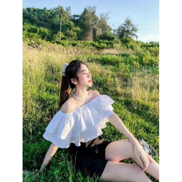 TBO-Set bộ giả váy thời trang nữ áo bèo hai dây trễ vai (Có mút ngực) kèm quần dáng xòe phối nút