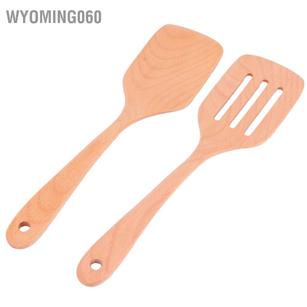 Wyoming060 2Pcs Wooden Spatula Set Environmentally No‑Stick High Temperature Resistant Flat for Home