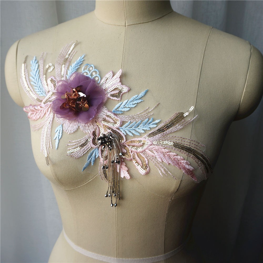 Màu Tím Thêu Ren Đính May Tulle Kim Cương Giả Hoa Cổ Miếng Dán Áo Cưới Cô Dâu DIY