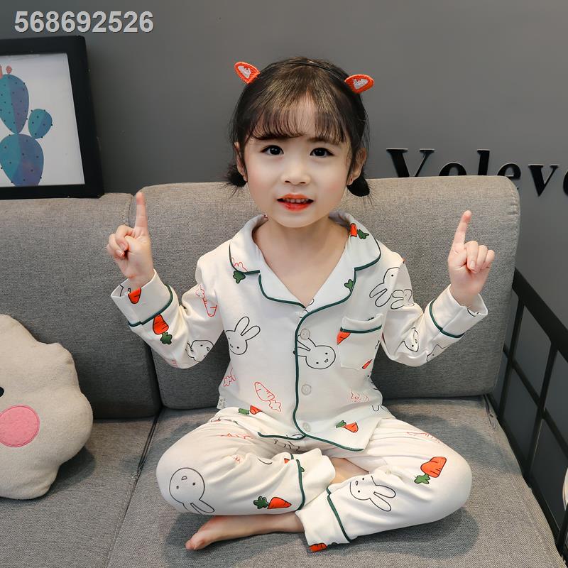 ☒⊕Đồ ngủ trẻ em mùa xuân và thu bộ bằng vải cotton tinh khiết dài tay cô gái quần áo ở nhà hè phần mỏng