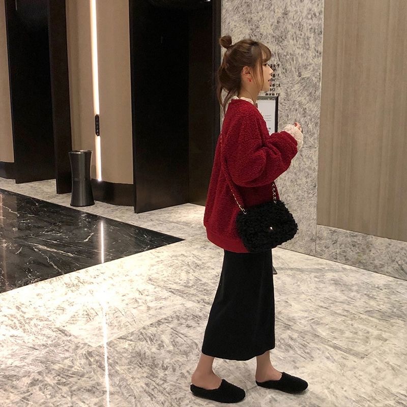Áo Sweater phối nhung lông cừu dày thời trang Hàn Quốc mới cho nữ